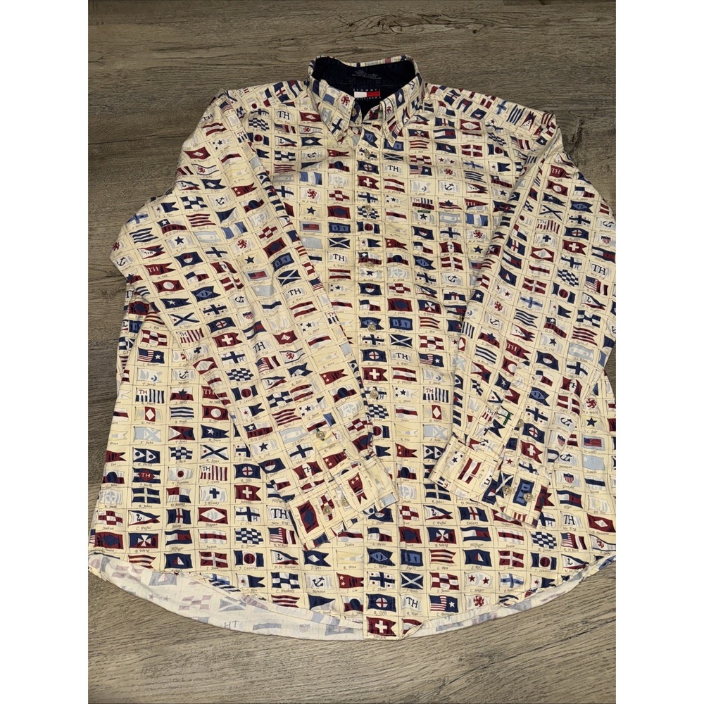 VTG Tommy Hilfiger Shirt Mens Large  Yellow Sailing Flags Button Front Oversized - Picture 4 of 7